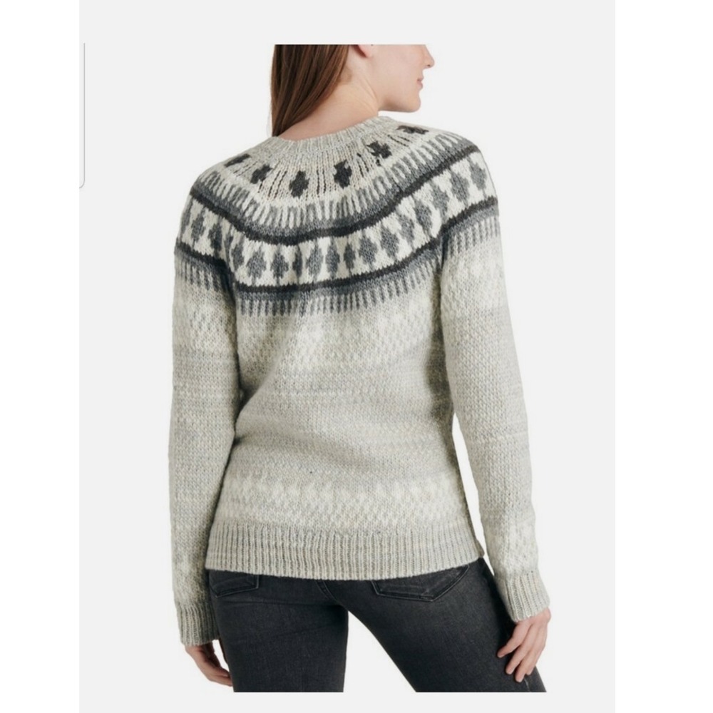 Lucky Brand Womens Grey Fair Isle Knit Crewneck Sweater Nordic Yoke Pullover